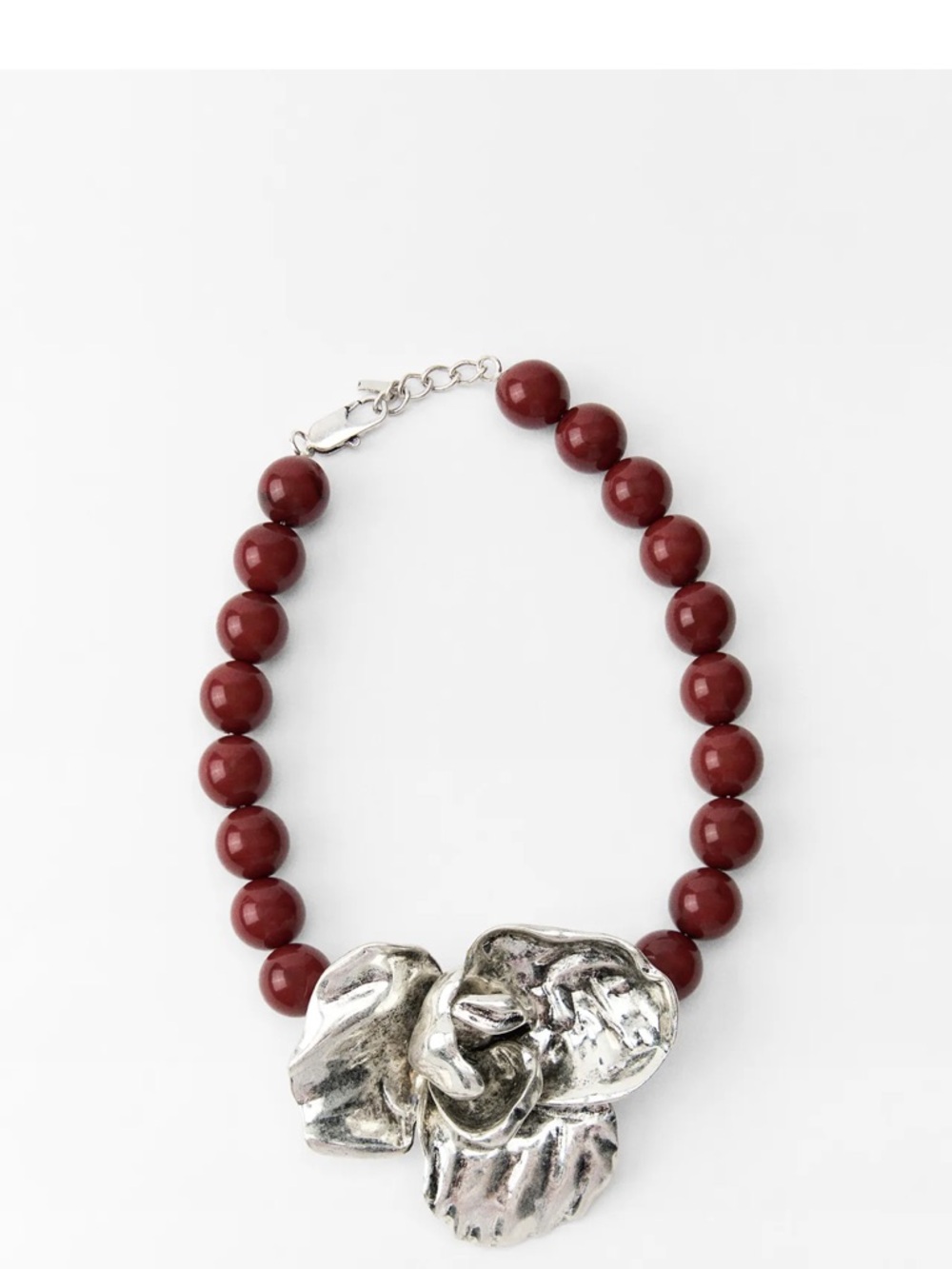 Zara Maroon Beaded Necklace with Silver Sculptural Pendant